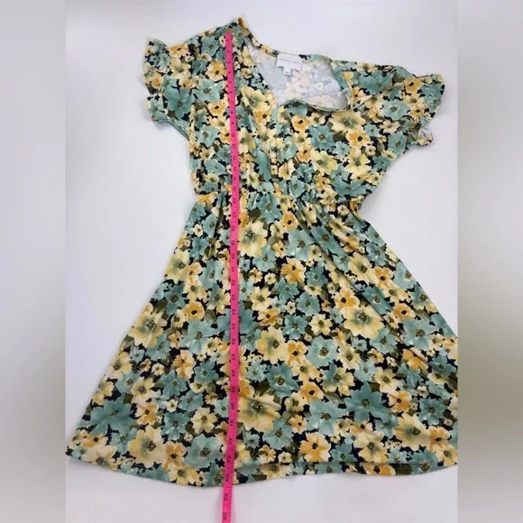 French Grey Dress Yellow/ Green Floral V Neck Tie Waist Short Sleeve- Med - Picture 6 of 6